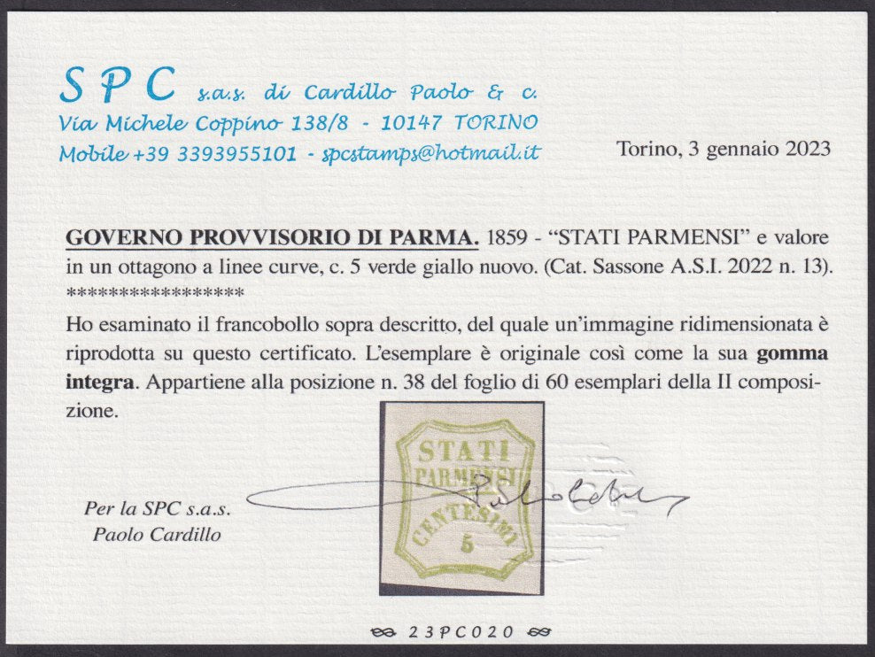 1859 - STATI PARMENSI e valore in un ottagono a linee curve, c.5 verde giallo nuovo con gomma integra (13).