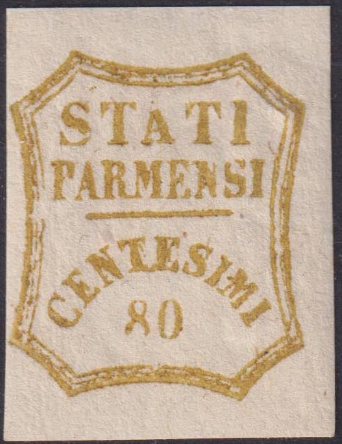 1859 - STATES OF PARME and value in an octagon with curved lines, c. 80 bistro olive clichet variety "C" new with rubber (18f)