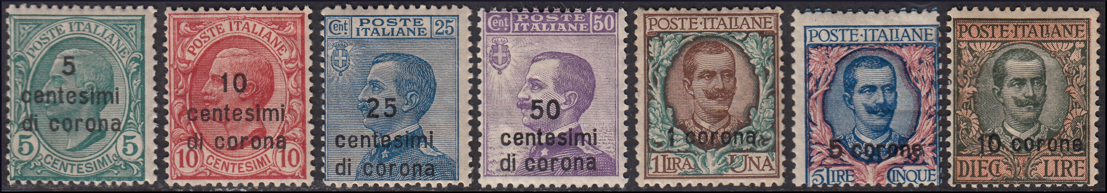 A020 - Lands redeemed - Dalmatia, Italian stamps overprinted with new value in crown cents, series of 7 new values ​​TL (2/8)