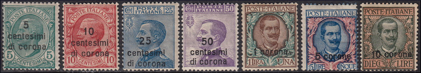 Terre redente - Dalmazia, Francobolli d'Italia soprastampati con nuovo valore in centesimi di corona, serie di 7 valori nuova TL (2/8)