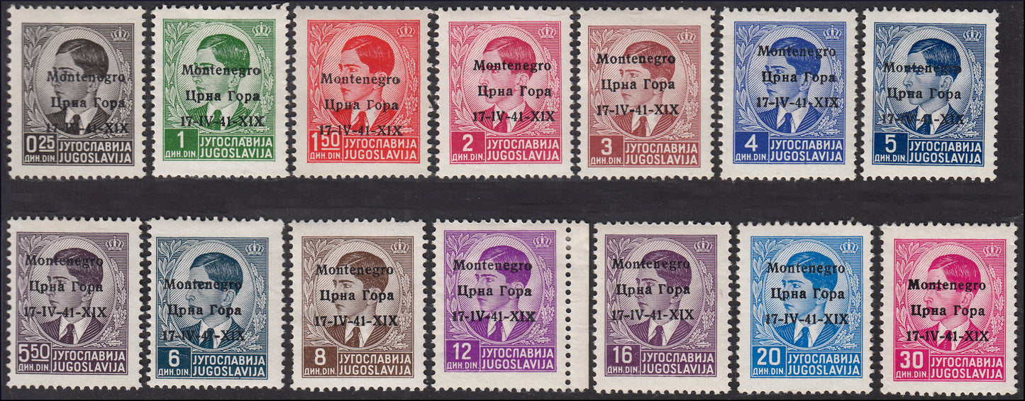 1941 -  Occupazione Italiana del Montenegro, francobolli di Jugoslavia con soprastampa "Montenegro / CRNA GORA / 17-4-41-XIX" nuovi TL (1/14)