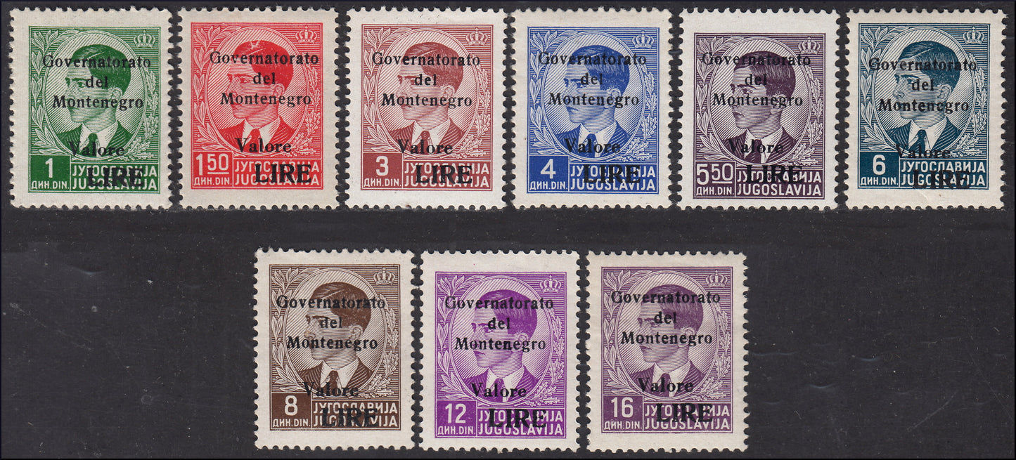 1942 -  Occupazione Italiana del Montenegro, francobolli di Jugoslavia con soprastampa "Governorato del Montenegro" nuovi TL (40/48)