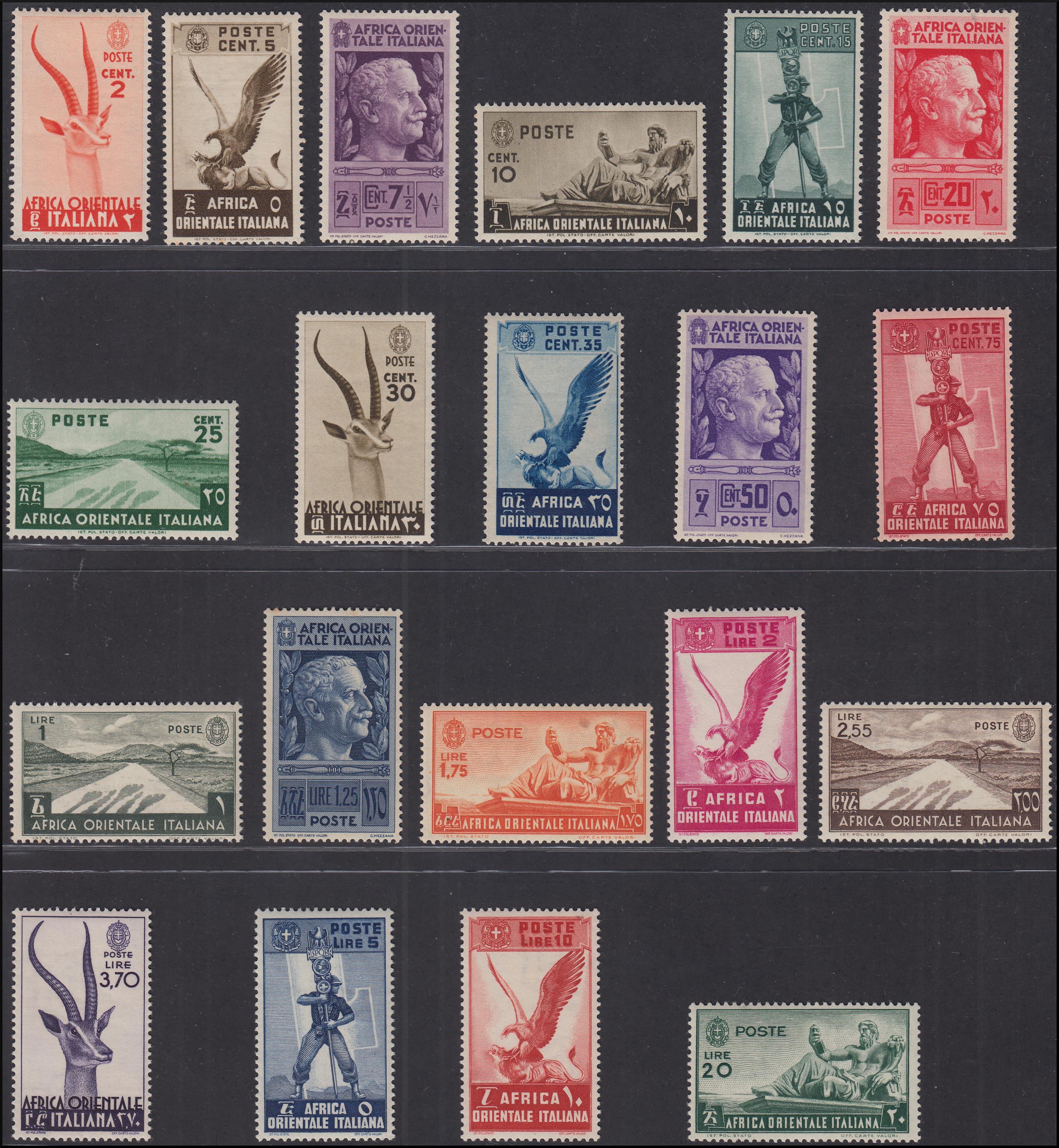 Italian colonies, Italian East Africa various subjects, series of 20 values ​​of PO + 13 PA + 2 expressed (1/20 + A1/13 + E1/2) new inetgra. 