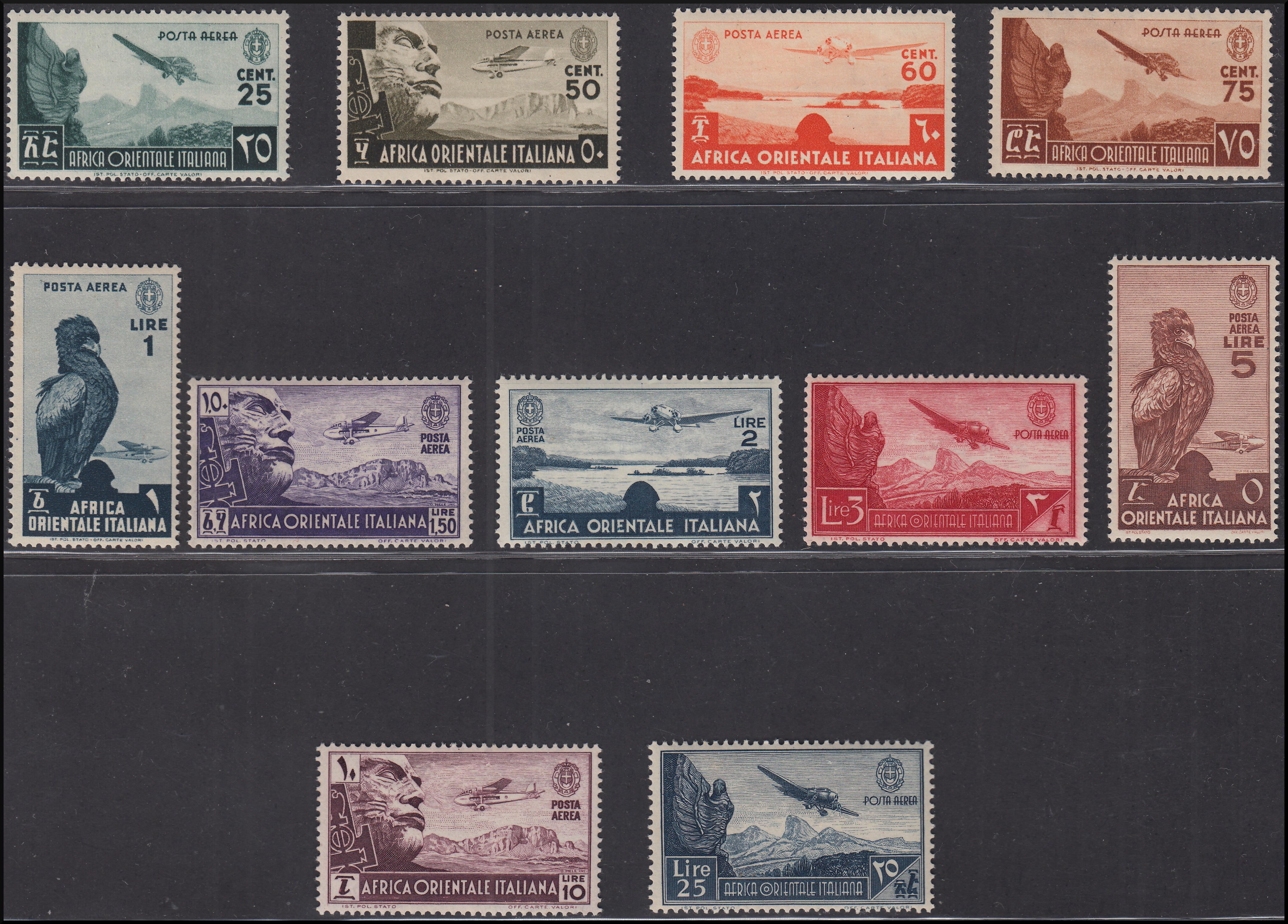 Colonie Italiane, Africa Orientale Italiana soggetti vari, serie di 20 valori di P.O. + 13 P.A. + 2 espressi (1/20 + A1/13 + E1/2) nuova inetgra.