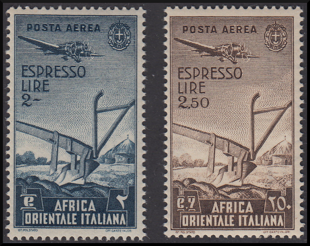 Colonie Italiane, Africa Orientale Italiana soggetti vari, serie di 20 valori di P.O. + 13 P.A. + 2 espressi (1/20 + A1/13 + E1/2) nuova inetgra.