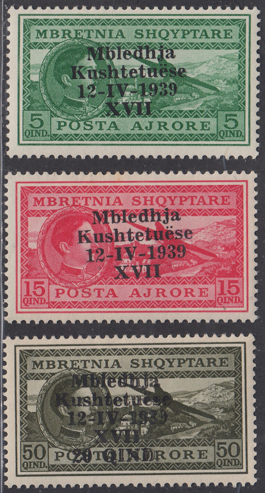 1939 -  Assemblea Costituente, Posta Aerea serie completa di tre esemplari nuova con gomma originale (A1/3).