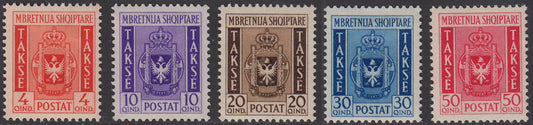 1940 - Tax postmarks, Albanian coat of arms, complete set of 5 new stamps with original rubber (1/5).