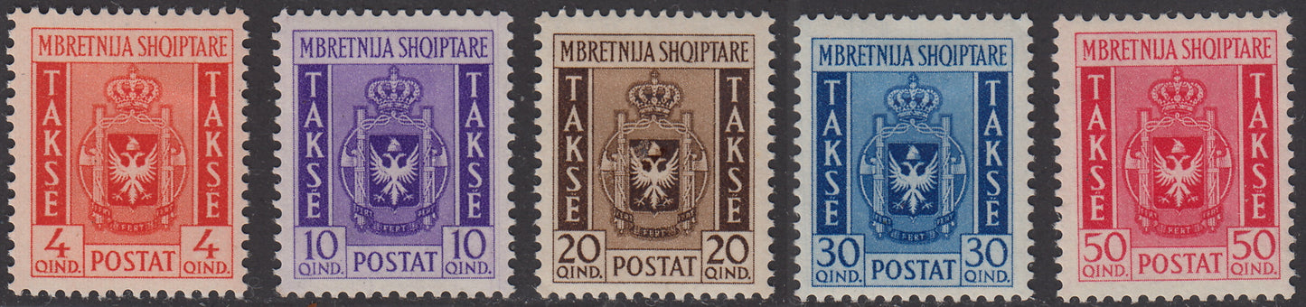 1940 -  Segnatasse, stemma albanese serie completa di 5 valori nuova con gomma originale (1/5).