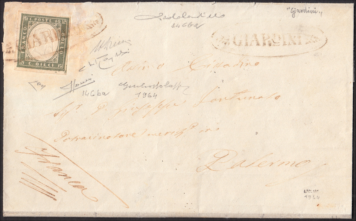 SARD300 - IV emissione, c. 10 oliva grigio verdastro carico I tavola, tiratura 1861 su lettera Giardini-Palermo (14Cba)