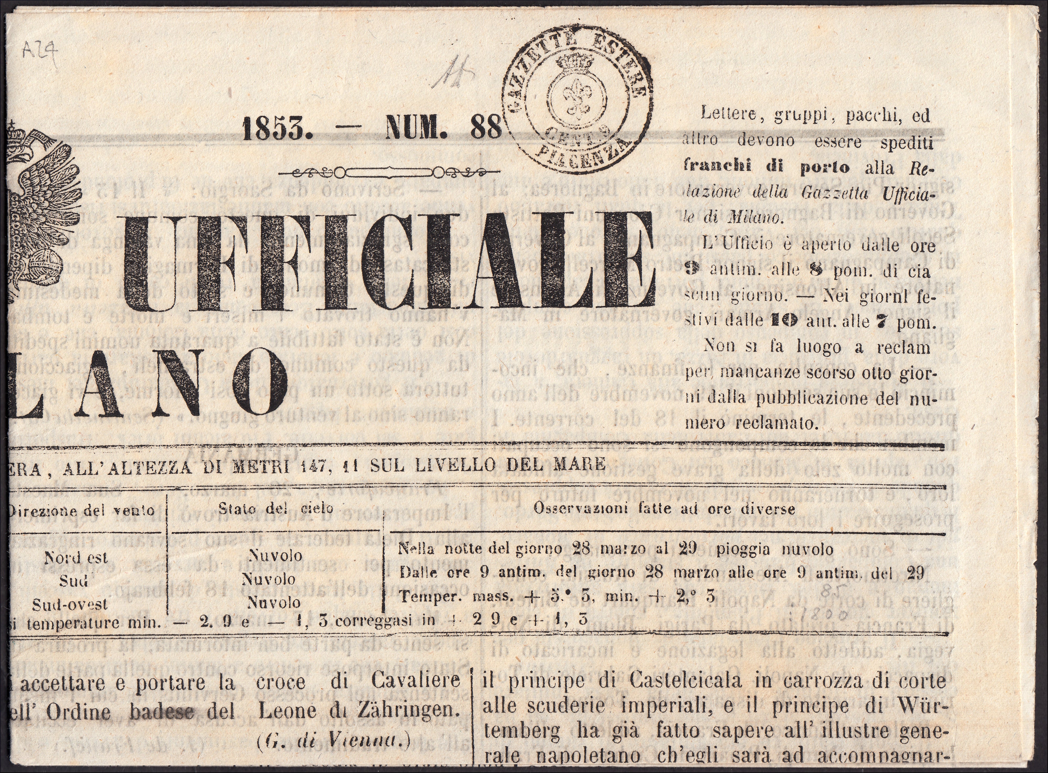 AZ4 - Ducato di Parma, segnatasse per giornali, giornale con bollo GAZZETTE ESTERE PIACENZA CENT. 9 (B2)