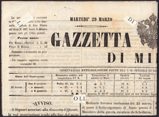 AZ4 - Duchy of Parma, postage due for newspapers, newspaper with stamp GAZZETTE ESTERE PIACENZA CENT. 9 (B2)