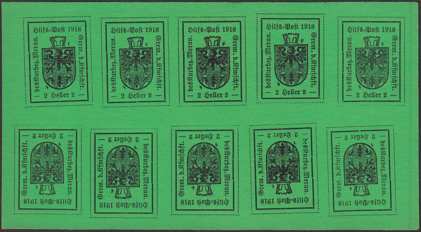 Merano, IV tipo, 2 heller verde giallo, 5 heller azzurro, 10 heller arancio, serie completa in minifogli da 10 esemplari (10A/12A)