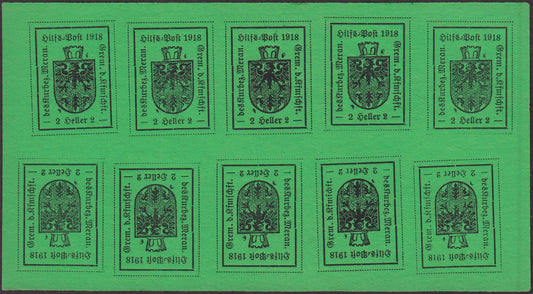 Merano, tipo IV, 2 heller amarillo verde, 5 heller celeste, 10 heller naranja, serie completa en hojas miniatura de 10 ejemplares (10A/12A)