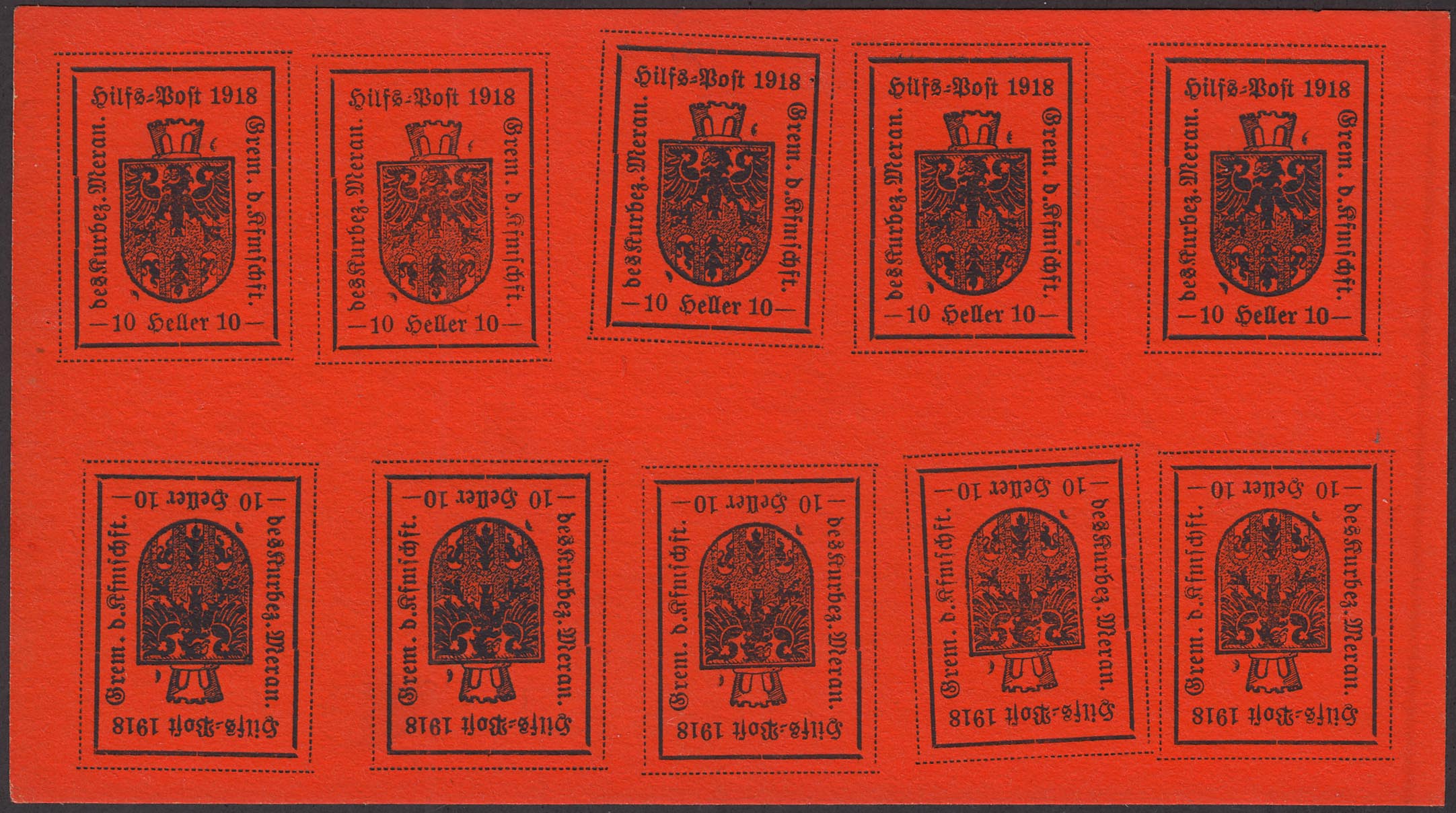 Merano, IV type, 2 yellow green heller, 5 light blue heller, 10 orange heller, complete series in miniature sheets of 10 specimens (10A/12A)