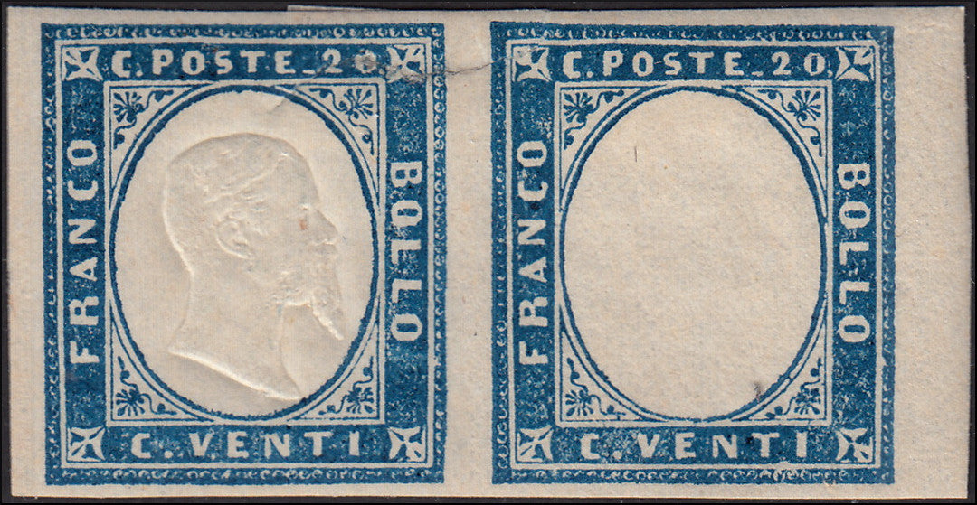 IV issue, c. 20 greyish cobalt II plate edition 1861 horizontal pair of which one example without effigy, new (15Dd)