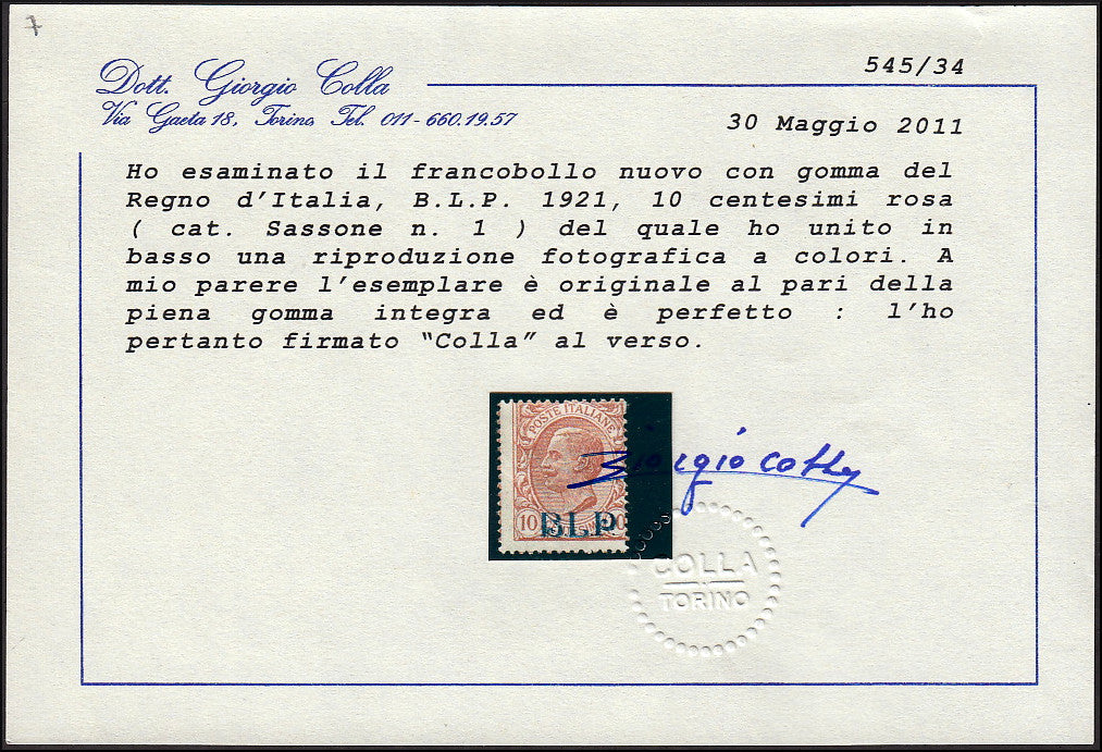 Francobollo di Regno tipo Leoni c. 10 rosa, soprastampa azzurra B.L.P. litografica del I tipo, nuovo integro (1)