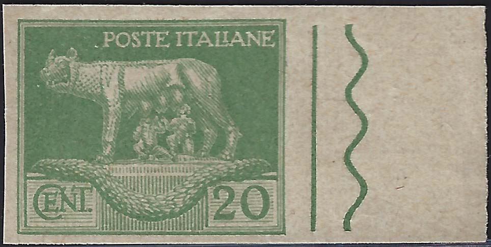 Prova di Macchina della serie Artistica (Imperiale) presentata come saggio, Lupa Capitolina c. 20 verde chiaro.