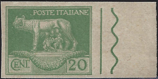 Prova di Macchina della serie Artistica (Imperiale) presentata come saggio, Lupa Capitolina c. 20 verde chiaro.