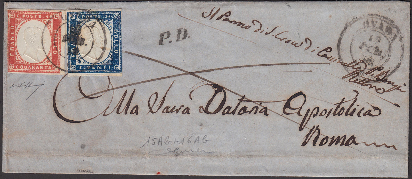 IV issue, letter from OVADA to Rome franked with c. 20 indigo I table + c. 40 orange vermilion (15Ab+16Ab)