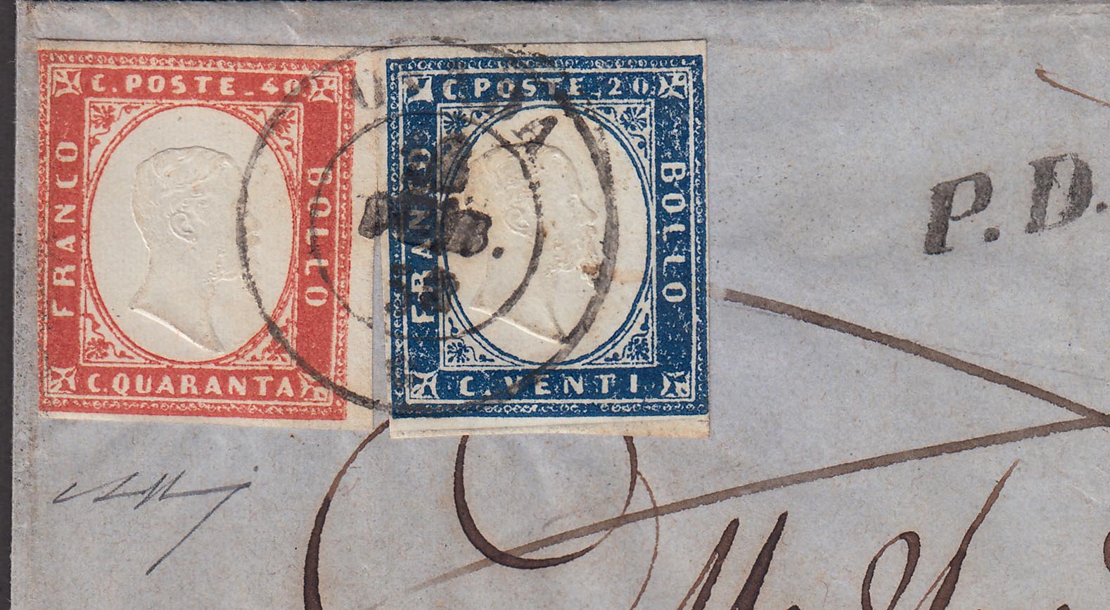 IV issue, letter from OVADA to Rome franked with c. 20 indigo I table + c. 40 orange vermilion (15Ab+16Ab)
