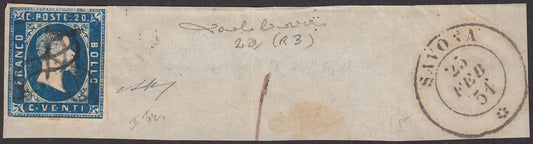 I issue, c. 20 light blue 1st edition (2nd) used on fragment with double Savoia knot from Savona