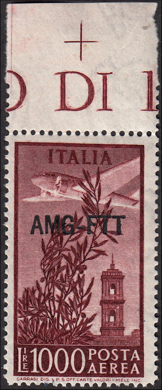 Posta Aerea, L. 1000 bruno rosso Campidoglio con soprastampa AMG - FTT dentellatura 14 x 13 3/4 (26A) Nuovo integro