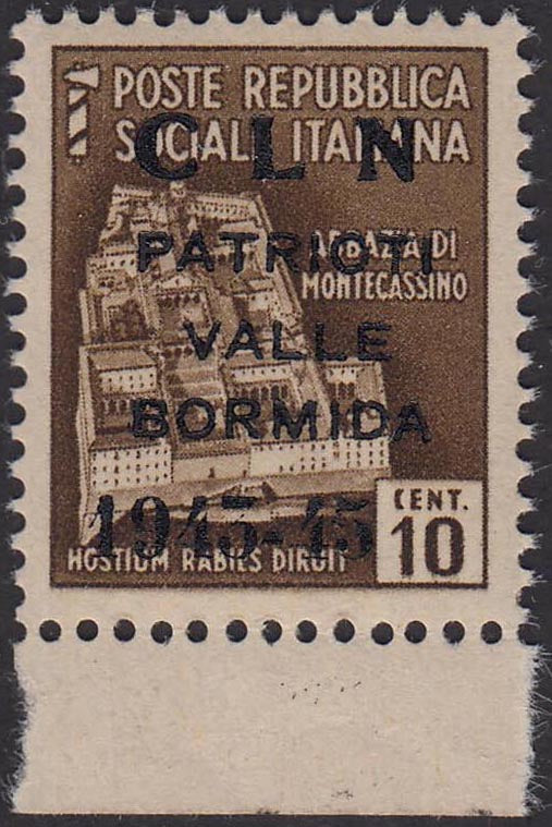 Monuments destroyed, c.10 brown with overprint "CLN / PATRIOTI / VALLE / BORMIDA / 1943-45" (8) new intact rubber