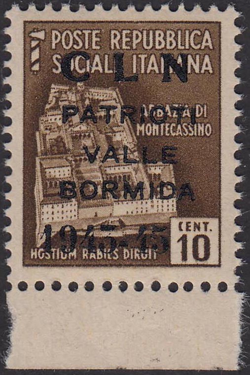 Monumenti distrutti, c.10 bruno con soprastampa "CLN / PATRIOTI / VALLE / BORMIDA / 1943-45" (8) nuovo gomma integra