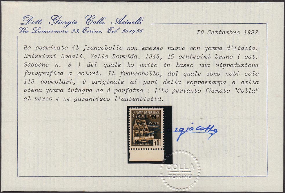 Monumenti distrutti, c.10 bruno con soprastampa "CLN / PATRIOTI / VALLE / BORMIDA / 1943-45" (8) nuovo gomma integra