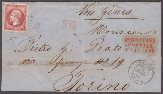 France, Napoleon III unperforated, c. 80 carmine isolated on letter from Smyrna to Turin 31/7/1862