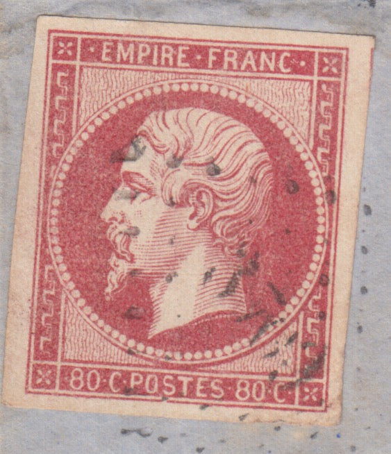 France, Napoleon III unperforated, c. 80 carmine isolated on letter from Smyrna to Turin 31/7/1862