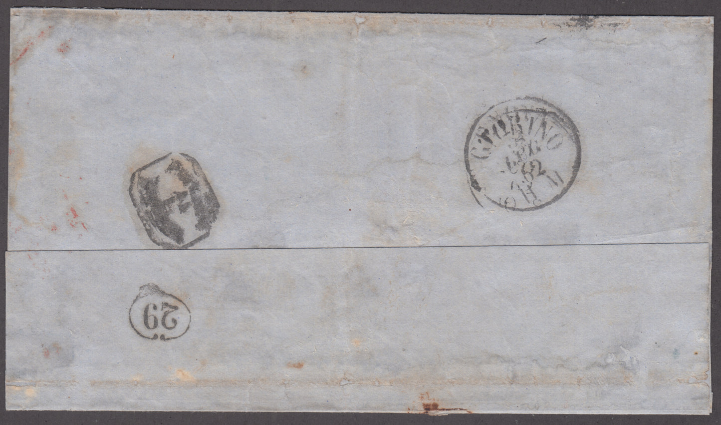 France, Napoleon III unperforated, c. 80 carmine isolated on letter from Smyrna to Turin 31/7/1862