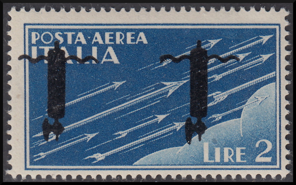 R.S.I. Saggi di soprastampa, Posta Aerea L. 2 azzurro con doppia soprastampa fascetto capovolta in nero (P15Aa)