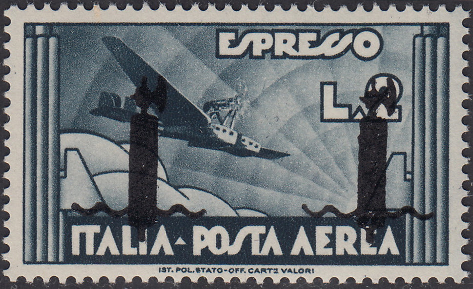 R.S.I. Saggi di soprastampa, Posta Aerea L. 2 ardesia con doppia soprastampa fascetto in nero (P16)