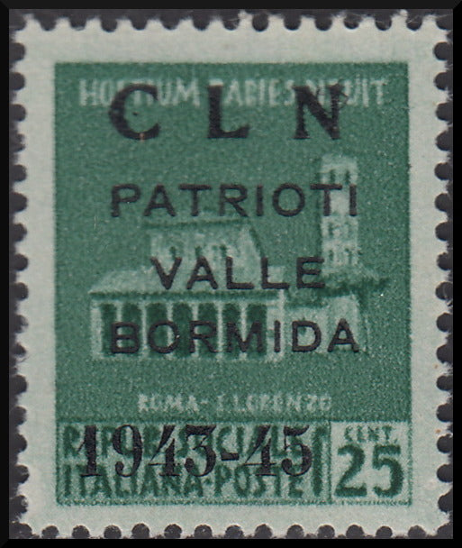 Destroyed monuments, c.25 emerald green with overprint "CLN / PATRIOTI / VALLE / BORMIDA / 1943-45" (8/I) new intact rubber