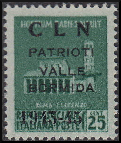 Monumenti distrutti, c.25 verde smeraldo con soprastampa "CLN / PATRIOTI / VALLE / BORMIDA / 1943-45" (8/I) nuovo gomma integra