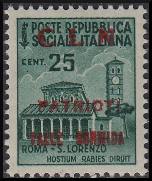 Destroyed monuments, c.25 emerald green with overprint "CLN / PATRIOTI / VALLE / BORMIDA / 1943-45" in red (3A) new intact rubber