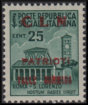 Monumenti distrutti, c.25 verde smeraldo con soprastampa "CLN / PATRIOTI / VALLE / BORMIDA / 1943-45" in rosso (3A) nuovo gomma integra