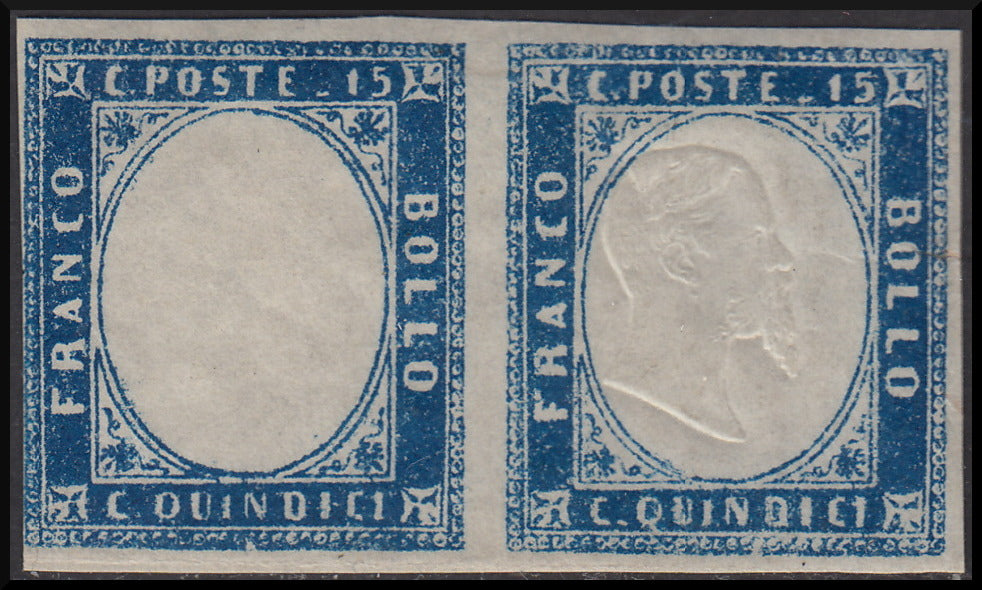 1863 - c. 15 Sardinian light blue, horizontal pair of which one without effigy (11n) **