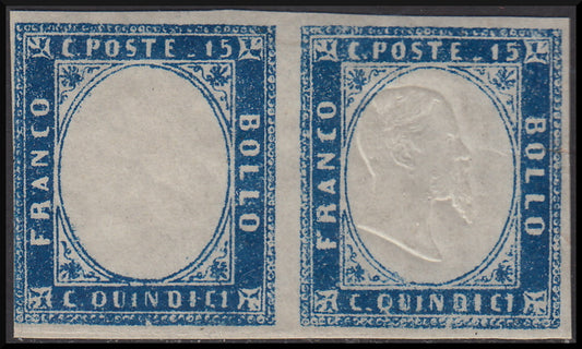 1863 - c. 15 Sardinian light blue, horizontal pair of which one without effigy (11n) **