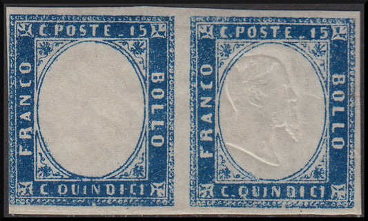 1863 - c. 15 azzurro tipo Sardegna, coppia orizzontale di cui uno senza effigie (11n) **