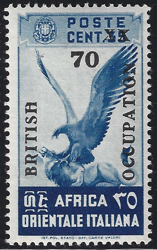 British Occupation, seconda serie non emessa c. 70 su c. 35 azzurro nuovo gomma integra (5/I)