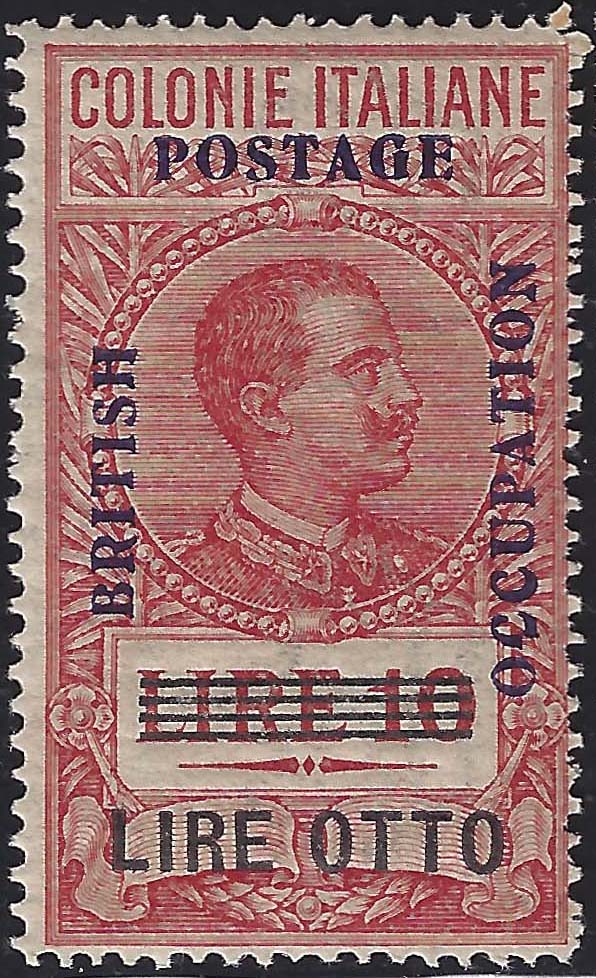 British Occupation, overprinted revenue stamps, L.8 on L.10 new carmine, undamaged gum (16) 