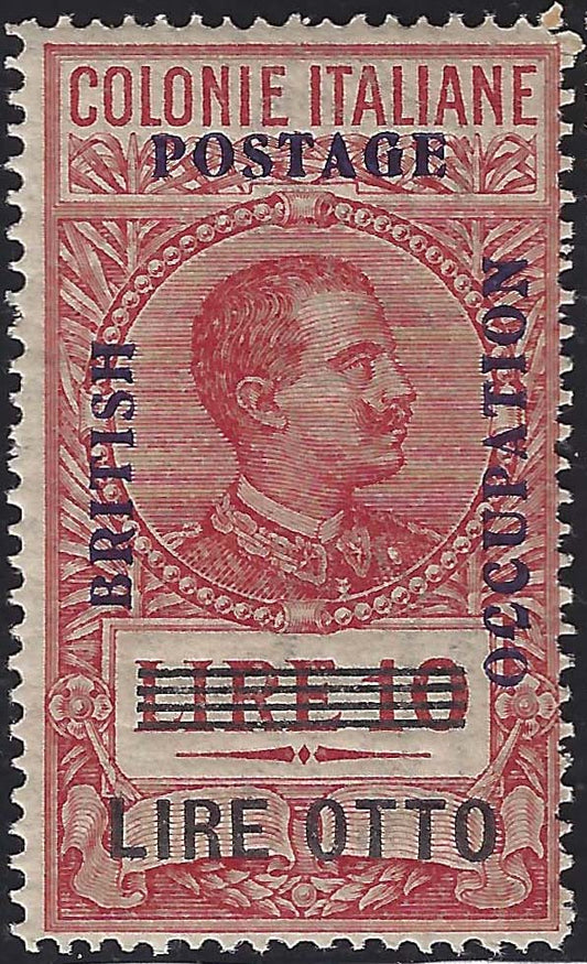 British Occupation, marche da bollo soprastampate, L. 8 su L.10 carminio nuovo gomma integra (16)