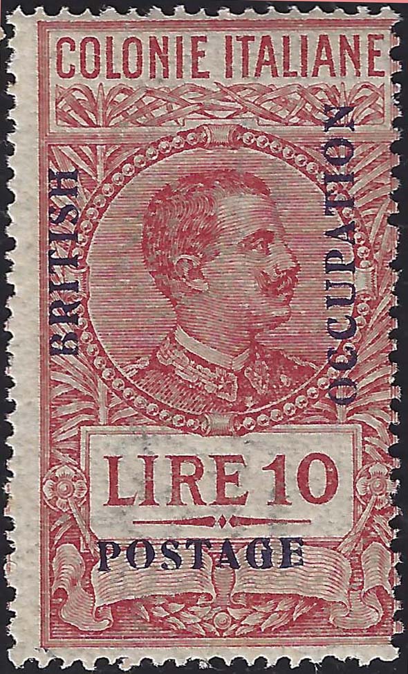 1945 - British Occupation, overprinted revenue stamps, L. 10 new carmine, undamaged rubber (17) 