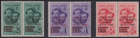 CLN Aosta - Fratelli Bandiera complete series in pairs of which the example on the left with overprint in French and the one on the right in Italian