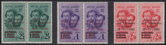 CLN Aosta - Fratelli Bandiera serie completa in coppie di cui l'esemplare di sinistra con soprastampa in francese e quello di destra in italiano