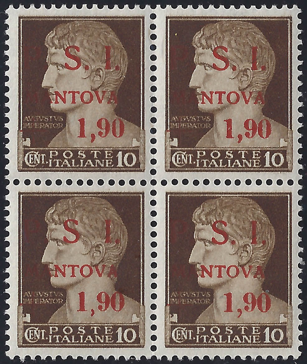 CLN1 - Imperiale, L. 1.90 on c.10 brown "Not Issued" with overprint "PSI / MANTOVA" new block with copy without dot after S (12, 12w)