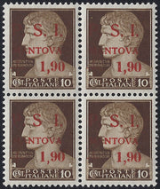 CLN1 - Imperiale, L. 1,90 su c.10 bruno "Non Emesso" con soprastampa "P.S.I. / MANTOVA" quartina nuova con esemplare senza punto dopo S (12, 12w)