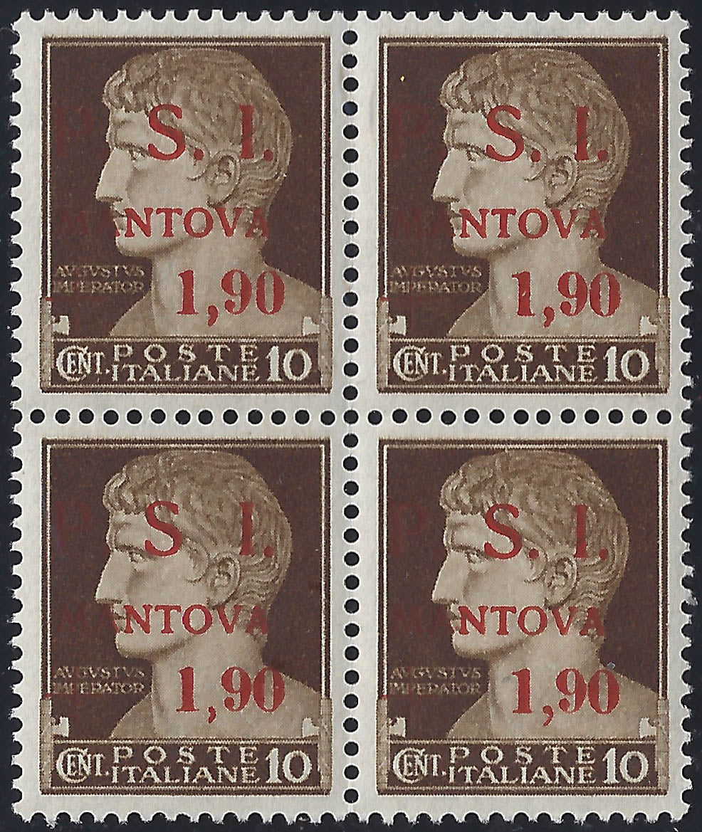 CLN1 - Imperiale, L. 1,90 su c.10 bruno "Non Emesso" con soprastampa "P.S.I. / MANTOVA" quartina nuova con esemplare senza punto dopo S (12, 12w)